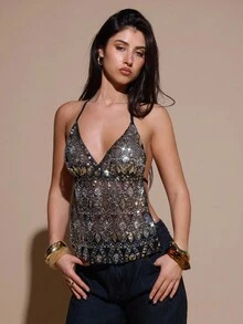 SHEIN BAE Women's Sexy Backless Sequin Halter Top, Fashionable For Party,Valentine's Day,Valentine Outfits For Women - Black and Gold - View 6