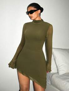 SHEIN ICON Vestido de manga larga con cuello alto, ajustado, de unicolor y bajo asimétrico de malla para mujer - Verde militar - Ver 4