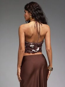 Hauture Top Cropped Sexy Feminina de Gola Alta com Paetês Transparentes para Festa, Noite, Estilo de Outono - Vinho - Visão 5
