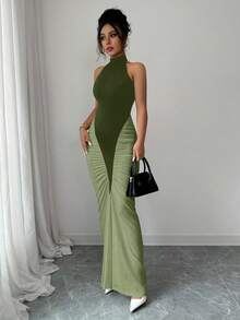 Elenzga 女式黑白拼色露背收腰鱼尾下摆优雅连衣裙，适合通勤和日常穿着 - 軍綠色 - 查看 4