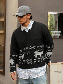 DAZY Men's Reindeer & Christmas Pattern Jacquard Design Sweater, Christmas Style, Autumn/Winter