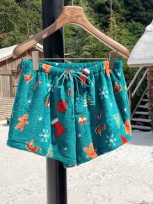 Comfortcana Women's Gingerbread Man & Snowflake Pattern Drawstring Waist Loose Shorts Christmas - Multicolor - View 6