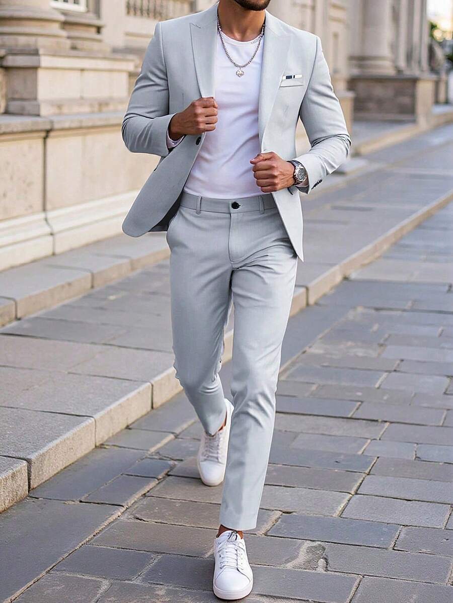 Manfinity Mode Ensemble veste de costume et pantalon à revers entaillés, décoré d'un mouchoir de poche, coupe simple boutonnage, gris clair pour hommes - Gris pâle - Voir 1
