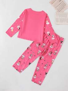Cartoon Print Long Sleeve & Pants Pajama Set For Young Girls - Pink - View 2