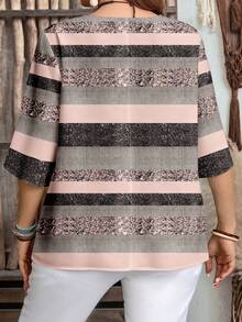 EMERY ROSE Plus Size Women's Casual Boho Pink And Grey Striped Print Shirt,Elegant Summer Vacation Quarter Sleeve Tops,Minimalist Shiny Black & Pink Tops,Flower - Multicolor - View 2
