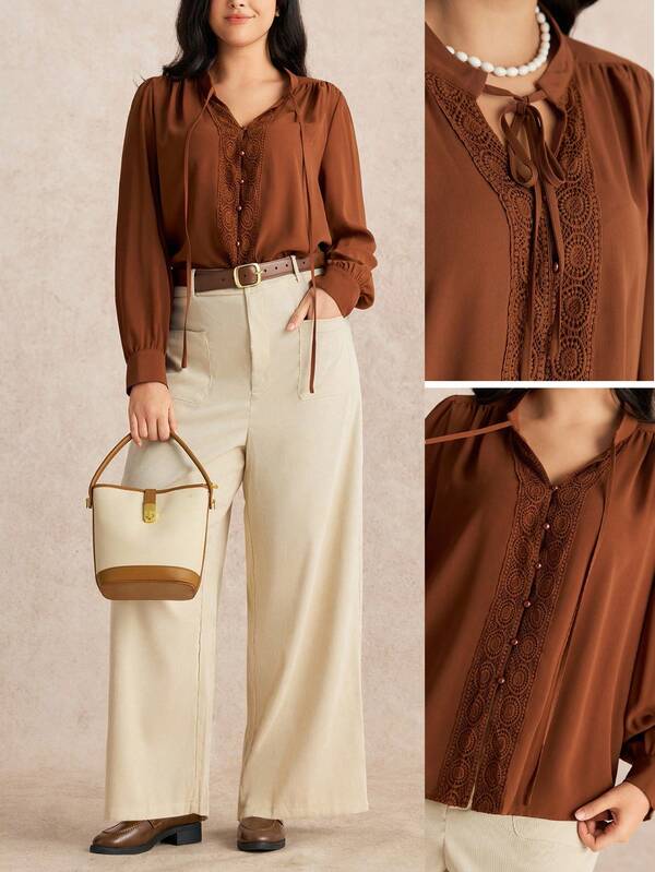 Nubod Blusa con cuello de lazo de encaje romántico vintage, elegante y casual para otoño/invierno