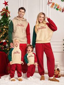 SHEIN LUNE Bộ trang phục gia đình 2 món đơn giản, thoải mái, phù hợp với Giáng sinh, màu tương phản, áo nỉ và quần - Nhiều màu - Xem 1