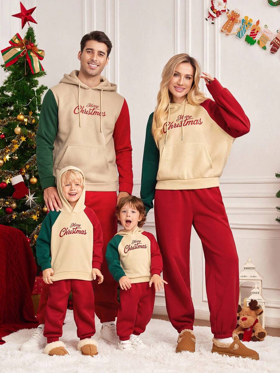 SHEIN LUNE Bộ trang phục gia đình 2 món đơn giản, thoải mái, phù hợp với Giáng sinh, màu tương phản, áo nỉ và quần - Nhiều màu - Xem 1