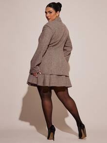 SHEIN BAE 大码女式翻领长袖前扣休闲西装外套 - 卡其色 - 查看 2