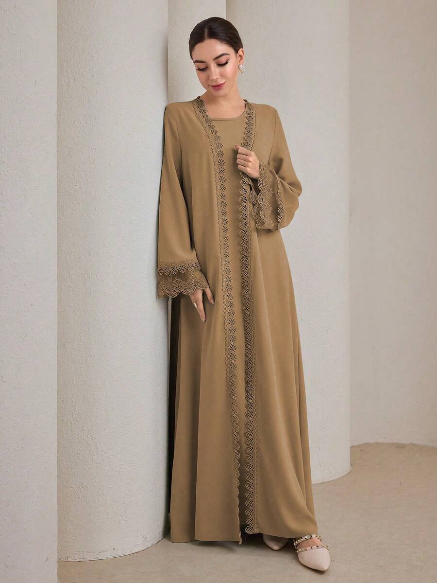 Graceveil Bộ 2 váy dài truyền thống dành cho nữ và áo khoác Abaya khiêm tốn - Màu Khaki - Xem 1