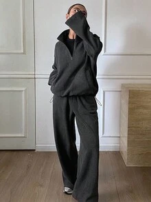 Livesso 2pcs Women's Thermal Lined Loose Fit Solid Pullover Sweatshirt And Straight Leg Sweatpants Set,Dark Grey Winter Casual Lounge Business Outfit - Dark Grey - View 3