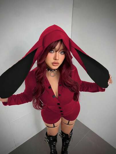 Whyspr 时尚深色可爱红黑格子兔耳撞色弹力针织连体裤