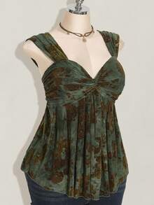 SHEIN ICON 大码女式嬉皮蕾丝撞色全印花胸前扭纹无袖背心，娃娃装针织上衣，Y2k 服装，毕业季返校季返校服装夏季服装，女式可爱上衣，娃娃装上衣 - 彩色 - 查看 6