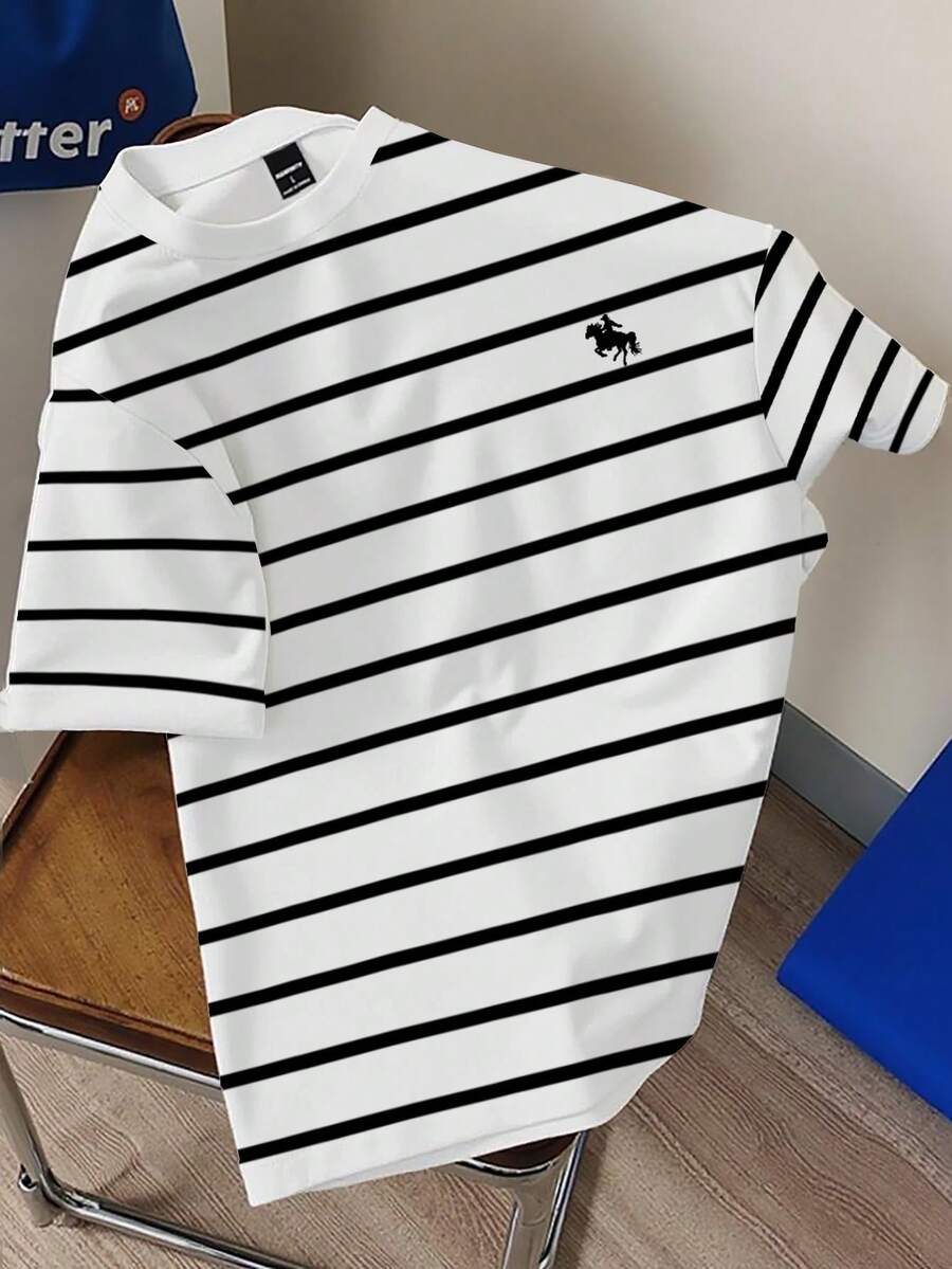 Manfinity Joysei 男女通用加大码经典黑白条纹马匹印花休闲 T 恤，时尚图案 T 恤 - 彩色 - 查看 1