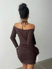 Aloruh Women's Dark Brown Mini Dress,Autumn Off Shoulder Sequin Patchwork Long Sleeve Dress,Seksi Chic Night Club Chocolate Brown Coffee Maillard Color Dress - Brown - View 2