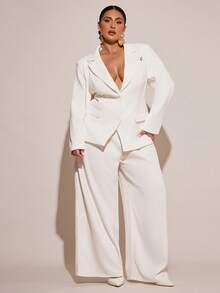 SHEIN BAE Plus Size Curve Autumn And Winter Elegant Commuter Business Party Big Woman Black Formal Waist Suit Jacket And Wide-Leg Pants Ladies Two Pieces Suit Business Casual Woman Suits For Woman Blazer Set Pants Suits For Woman Women Pants Suit Set Corporate Set Women Work Suits Woman Suit - White - View 3