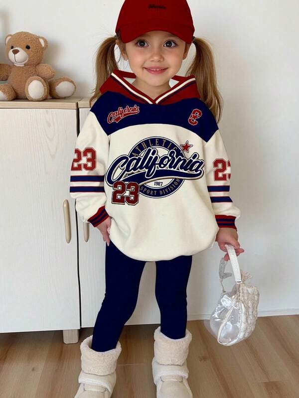 SHEIN 2pcs/Set Young Girl Casual Retro Letter & Number Badge Graphic Hoodie And Leggings Set, Sporty College Style, Suitable For Autumn/Winter Girls Baseball Outfit Kid Sporty Outfit Girls Sporty Outfits Girls Sets Sporty Girls Fall Uniform Clothes