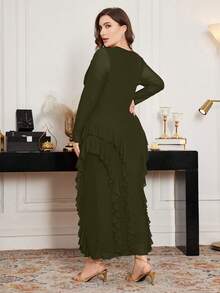 Modelyn Plus Size Elastic Mesh Scoop Neck Ruffle Hem Bodycon Elegant Dress, Spring/Summer - Army Green - View 2