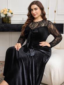 Modelyn Đầm ôm body nhung thêu ren thanh lịch cỡ lớn cho nữ - màu đen - Xem 7