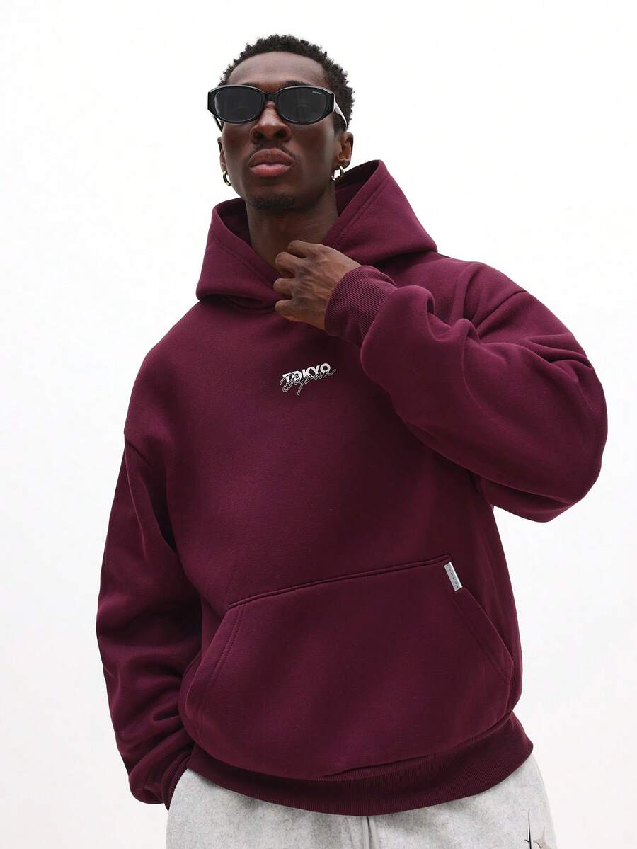 SUMWON Tokyo Japanese City Print Cropped Pullover Hoodie With Drawstring And Centre Pocket For Winter Plain - Red Violet - View 1
