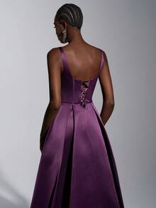 Elitara Minimalist Retro Fashion Eggplant Purple Fishbone Design A-Line Formal Dress, Business Dress, Guest Dress, Evening Gown