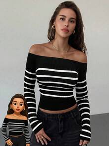 Aloruh Women's Chic Black And White Striped Off-Shoulder Fitted Cropped Knit Top,Minimalist Sexy Coastal Fashion Streetwear Autumn Night Out Date Clothes - Black - View 8