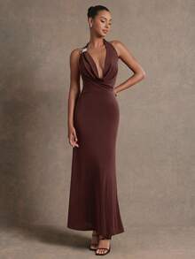 L'Amorae 树脂装饰露背紧身长裙，适合生日派对夜晚外出 - 棕色 - 查看 3