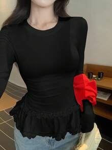 DAZY Women's Korean Style Ruffle Trim Long Sleeve T-Shirt, Spring/Autumn - Black - View 5
