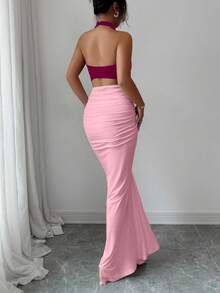 Elenzga 女式黑白拼色露背收腰鱼尾下摆优雅连衣裙，适合通勤和日常穿着 - 彩色 - 查看 2