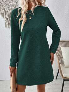 SHEIN LUNE 休闲纯色长袖连衣裙，通勤百搭 - 墨綠色 - 查看 4