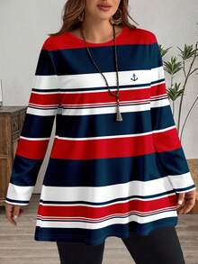 EMERY ROSE تي شيرت بياقة دائرية مقاس كبير، بتصميم ألوان متباينة وخطوط، موسم الخريف/الشتاء