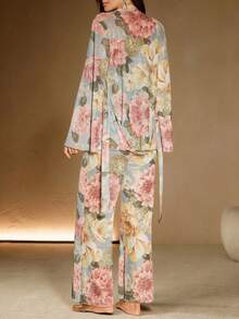 Anewsta Conjunto de Camisole e Roupão de Dormir com Estampa Floral da Moda e Cadarço para Mulheres - Multicolorido - Visão 5