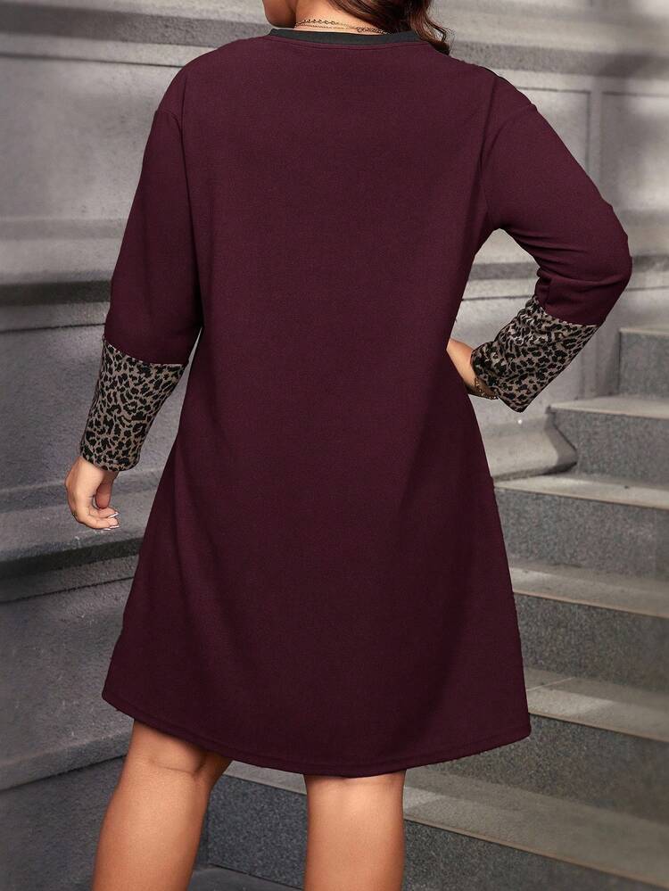 Casual Plus Size Women's Burgundy Long Sleeve Short Dress With Round Neck And Leopard Print In Knitted Fabric Perfect For Fall Cheetah Dress For Women Fall Dresses For Women Leopard Dress Plus Size Autumn Dress Long Sleeve Dress