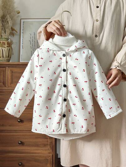 SHEIN Vintaside Kids 年轻女孩的碎花保暖内衬连帽纽扣夹克，时尚休闲，适合日常穿着