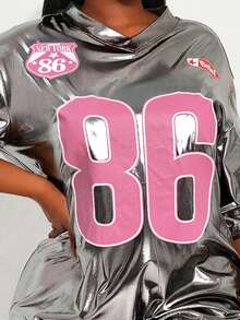 Radiana Plus Size Women New Number Print Metallic Silver Jersey Club Tee, Suitable For Cheering Squad, Ball Game, Date Night, Birthday, Bachelorette Party, Cute, Casual, Shopping, Streetwear, Going Out, Easy To Match & Looks Slim, Accent Your Body, Flatter The Figure - Multicolor - View 7