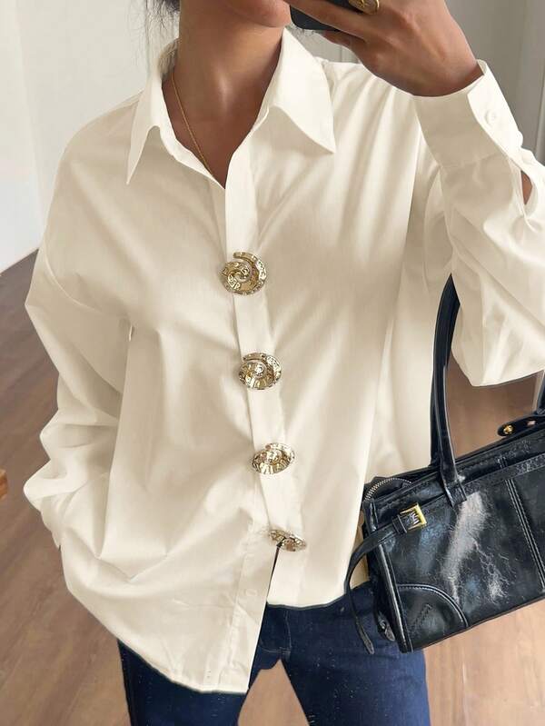 SHEIN EZwear Women's New White Metal Buckle Decor Loose Long Sleeve Shirt Shirts For Women Elegant Women Blouses Elegant Henley Pearl Shirt Button Up Blouse Cream Shirt Women Dress Shirt