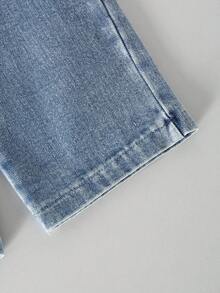 SHEIN Genkimix Kids Bộ quần denim ống đứng lưng thun co giãn, cổ tròn tay raglan màu trơn rộng rãi dễ thương cho bé gái, phù hợp cho bé gái mặc đi học trong mọi mùa - Xanh đậm - Xem 6