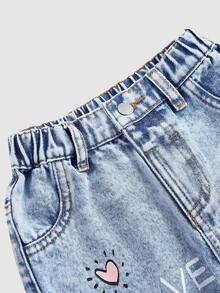 SHEIN Quần jean ống rộng màu xanh dương họa tiết hươu hoạt hình dễ thương cho bé gái, thích hợp cho mùa thu, mùa đông, phong cách thường ngày và thời trang cho kỳ nghỉ, kiểu dáng thập niên 2000, quần jean Halloween, Giáng sinh, họa tiết nơ. - Rửa nhẹ - Xem 3