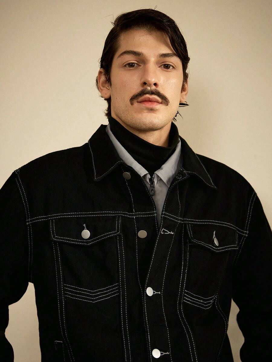 RivetRise Men's Basic Black Denim Jacket, Casual Autumn Jacket - Black - View 1