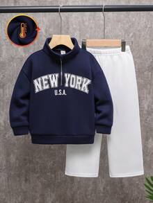 SHEIN Little Byeori 2pcs Young Boys Casual Korean Style Loose Fit Half-Zip Letter Graphic Sweatshirt And Elastic Waist Pants Set, Suitable For Autumn/Spring, Outdoor Play, School, Street Style, Party And Leisure