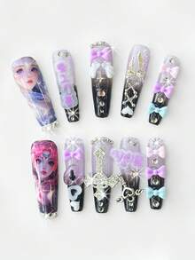 ROMWE Kawaii 10 móng tay giả chất lượng cao hình cánh chim dễ thương, nốt nhạc, viền ren ngôi sao, chấm bi vẽ tay + 3 miếng dán hai mặt, móng tay giả hình quan tài có thể tháo rời và tái sử dụng, miếng dán móng tay hình nơ, thích hợp cho ngày lễ, tiệc tùng, khiêu vũ và đeo hàng ngày - Nhiều màu - Xem 3