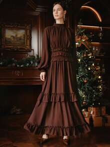 Anewsta 女士春季雪纺婚礼宾客礼服，优雅灯笼袖连衣裙 - 酒紅色 - 查看 4