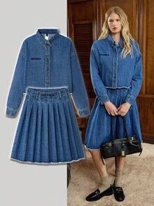 Muvela Women's Autumn Dropped Shoulder Long Sleeve Letter Embroidery Frayed Single-Breasted Casual Denim Blouse