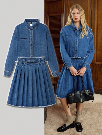 Muvela Women's Autumn Dropped Shoulder Long Sleeve Letter Embroidery Frayed Single-Breasted Casual Denim Blouse