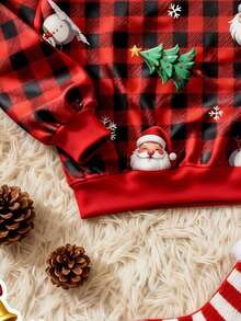 SHEIN EZwear Áo nỉ cổ tròn họa tiết kẻ caro Giáng sinh tối giản, thường ngày dành cho nữ, hình ông già Noel, cây thông Noel, người tuyết, thích hợp cho ngày lễ, mùa thu/đông - Nhiều màu - Xem 4