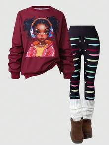 Tween Girl Hip Hop Graphic Print Sweatshirt And Colorful Moon Print Pants Set, Suitable For Street Style - Burgundy - View 8