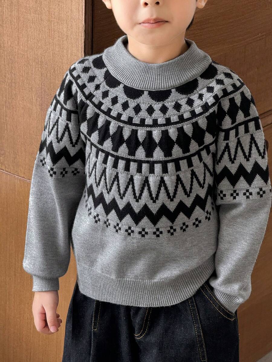 SHEIN Little Byeori 男童休闲几何提花针织套头衫 - 彩色 - 查看 1