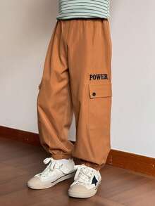SHEIN Young Boys Casual Letter Embroidered Cargo Pants - Brown - View 5