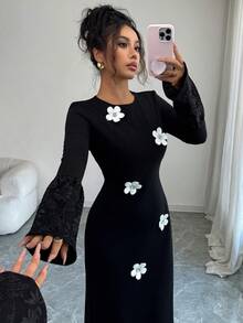 Modelyn Elegant Floral Jacquard Long Sleeve Midi Dress For Women,Daisy Flower Applique Black And White Autumn Dining Dress - Black - View 7