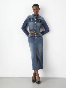 Maija 女式休闲水洗牛仔开衩裙 - 中等水洗藍 - 查看 4